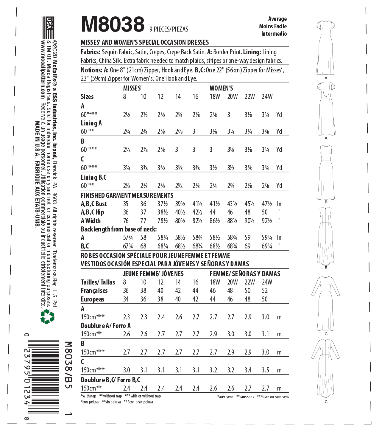 McCall’s Misses Plus Spec Occ Sewing Pattern M8038