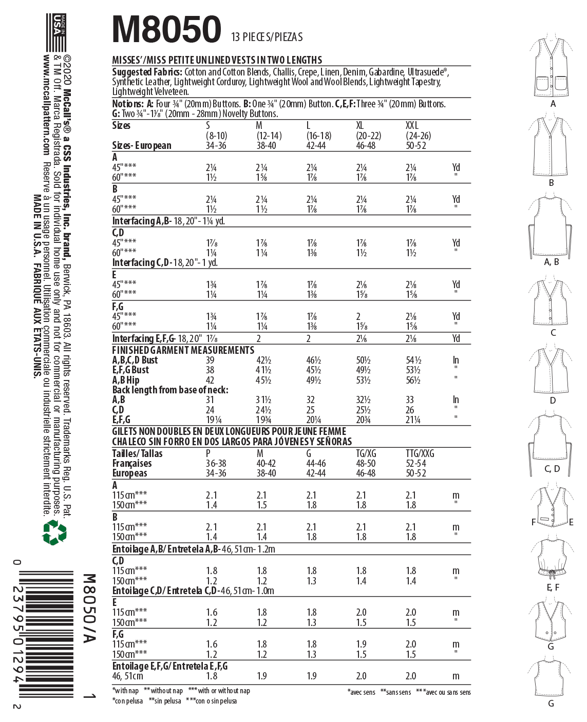McCall’s Misses Top / Vest Sewing Pattern M8050
