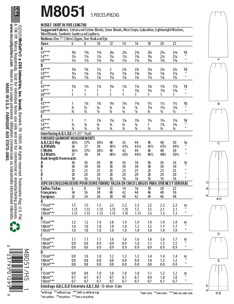 McCall’s Misses Skirt / Pants Sewing Pattern M8051