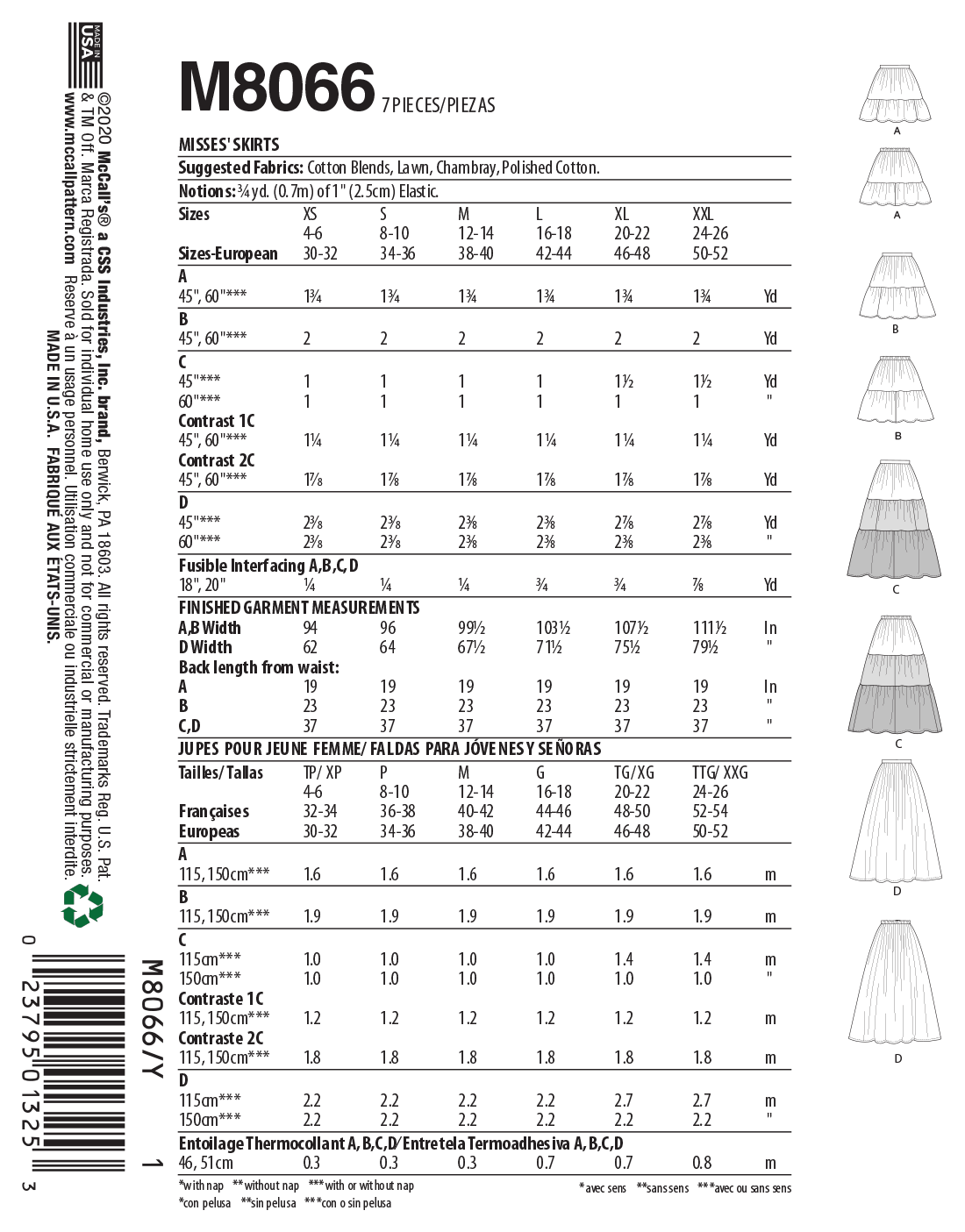 McCall’s Misses Skirt / Pants Sewing Pattern M8066