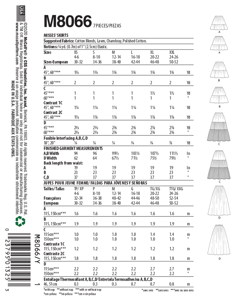 McCall’s Misses Skirt / Pants Sewing Pattern M8066