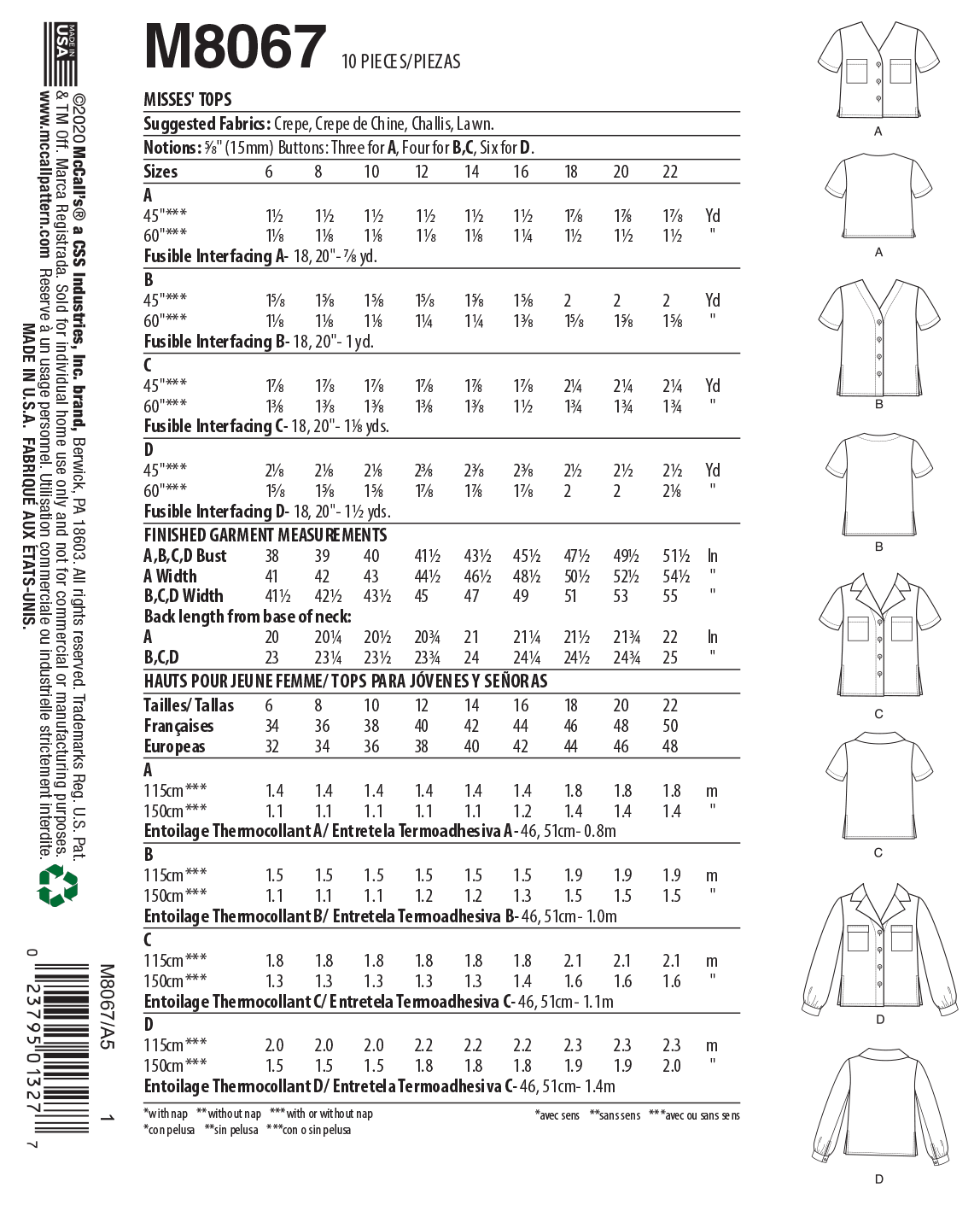 McCall’s Misses Top / Vest Sewing Pattern M8067