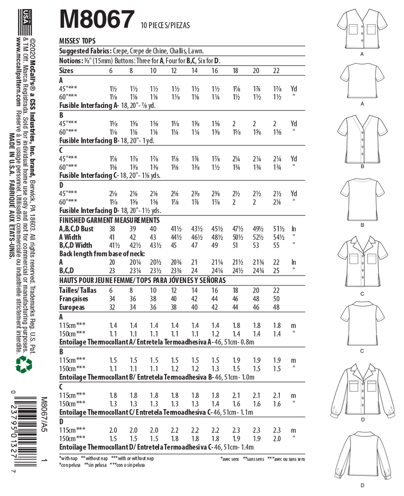 McCall’s Misses Top / Vest Sewing Pattern M8067