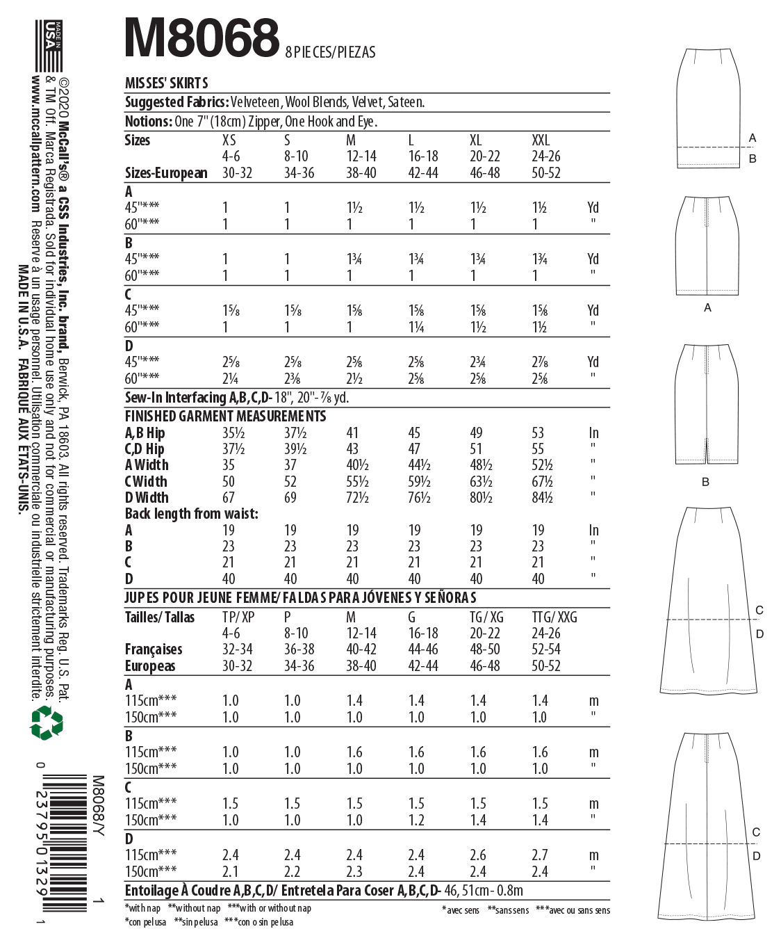 McCall’s Misses Skirt / Pants Sewing Pattern M8068