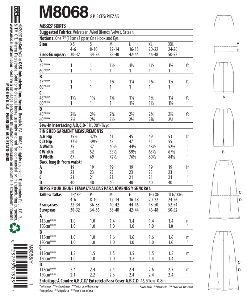 McCall’s Misses Skirt / Pants Sewing Pattern M8068