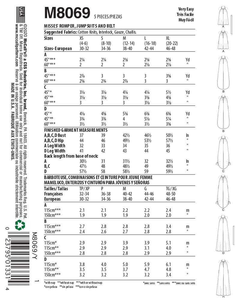 McCall’s Misses Sportswear Sewing Pattern M8069