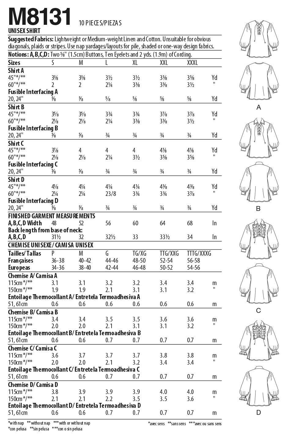 McCall’s Unisex Historical Shirts Sewing Pattern M8131
