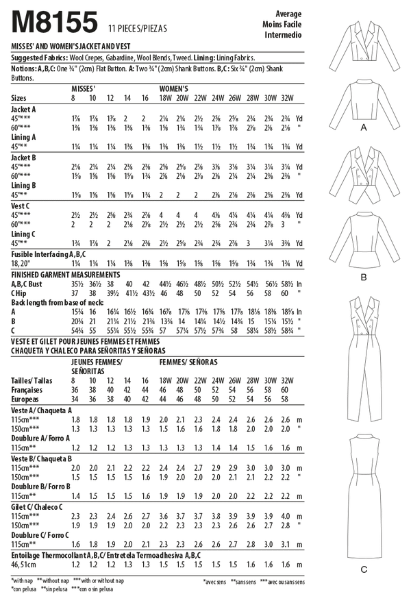 McCall’s Miss/Women Jacket & Vest Sewing Pattern M8155