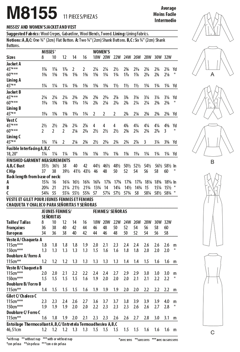 McCall’s Miss/Women Jacket & Vest Sewing Pattern M8155