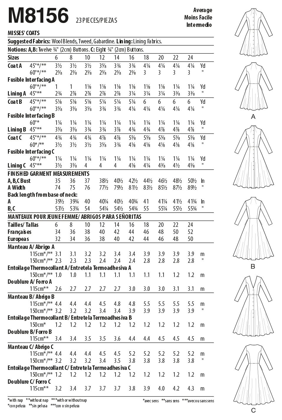 McCall’s Misses Coats Sewing Pattern M8156