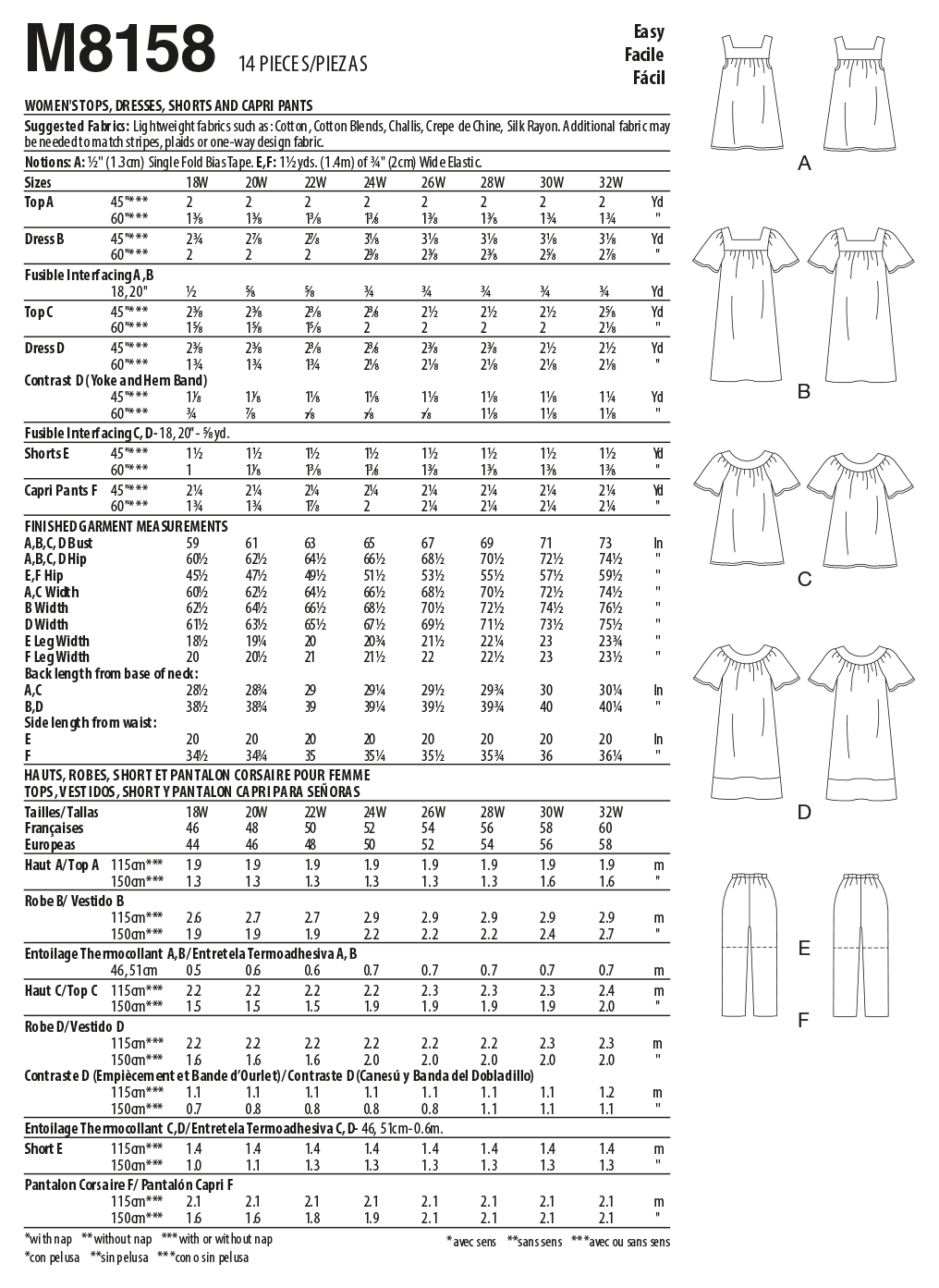 McCall’s Women's Tops, Dresses, Shorts & Capri Pants Sewing Pattern M8158