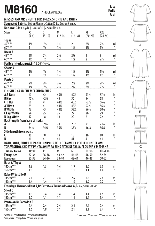 McCall’s Misses & Miss Petite Short Sleeve Top, Dress, Pull-On Shorts & Pants Sewing Pattern M8160