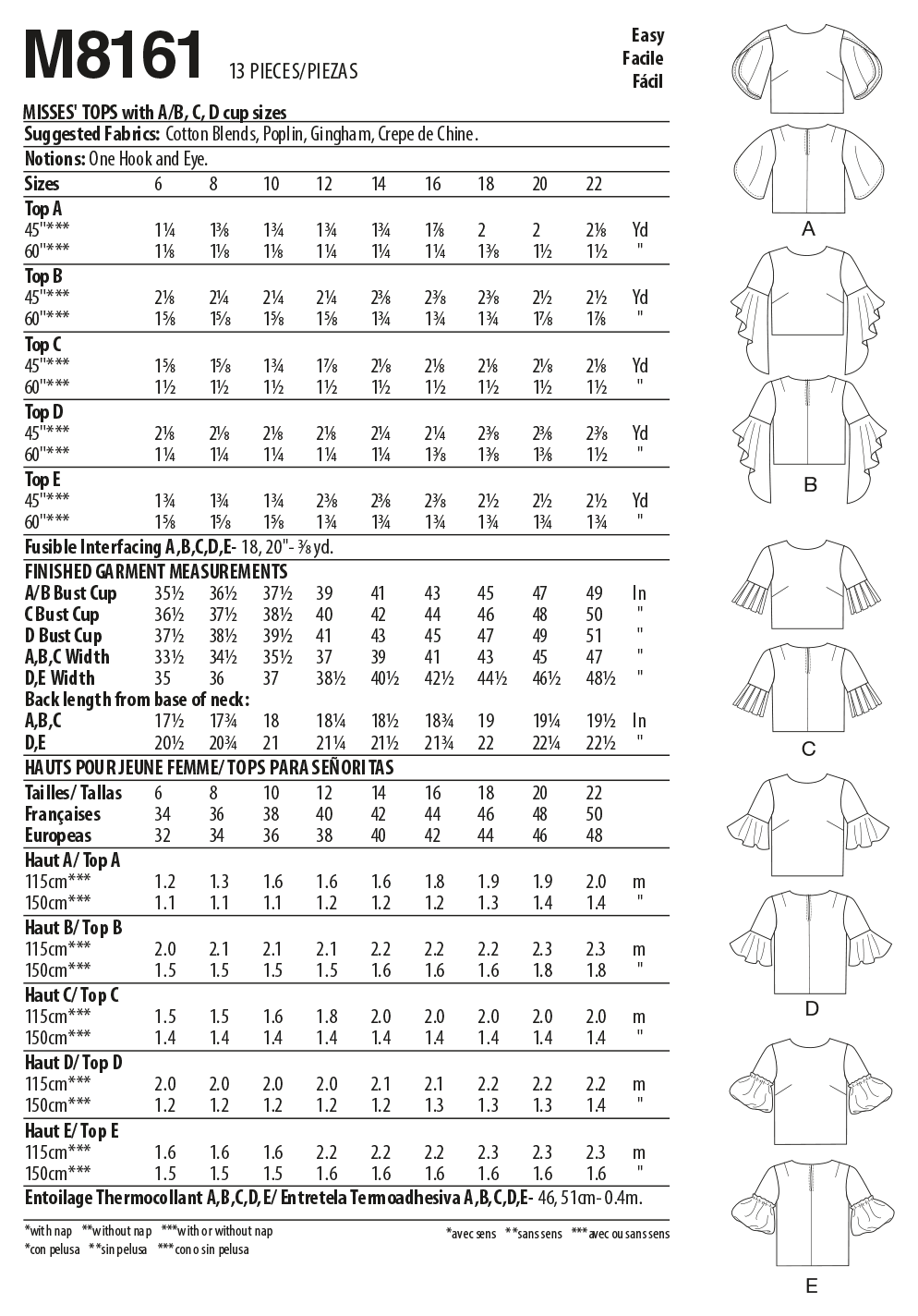 McCall’s Misses Tops With Trumpet, Tulip, Pleated Or Bubble Sleeves Sewing Pattern M8161