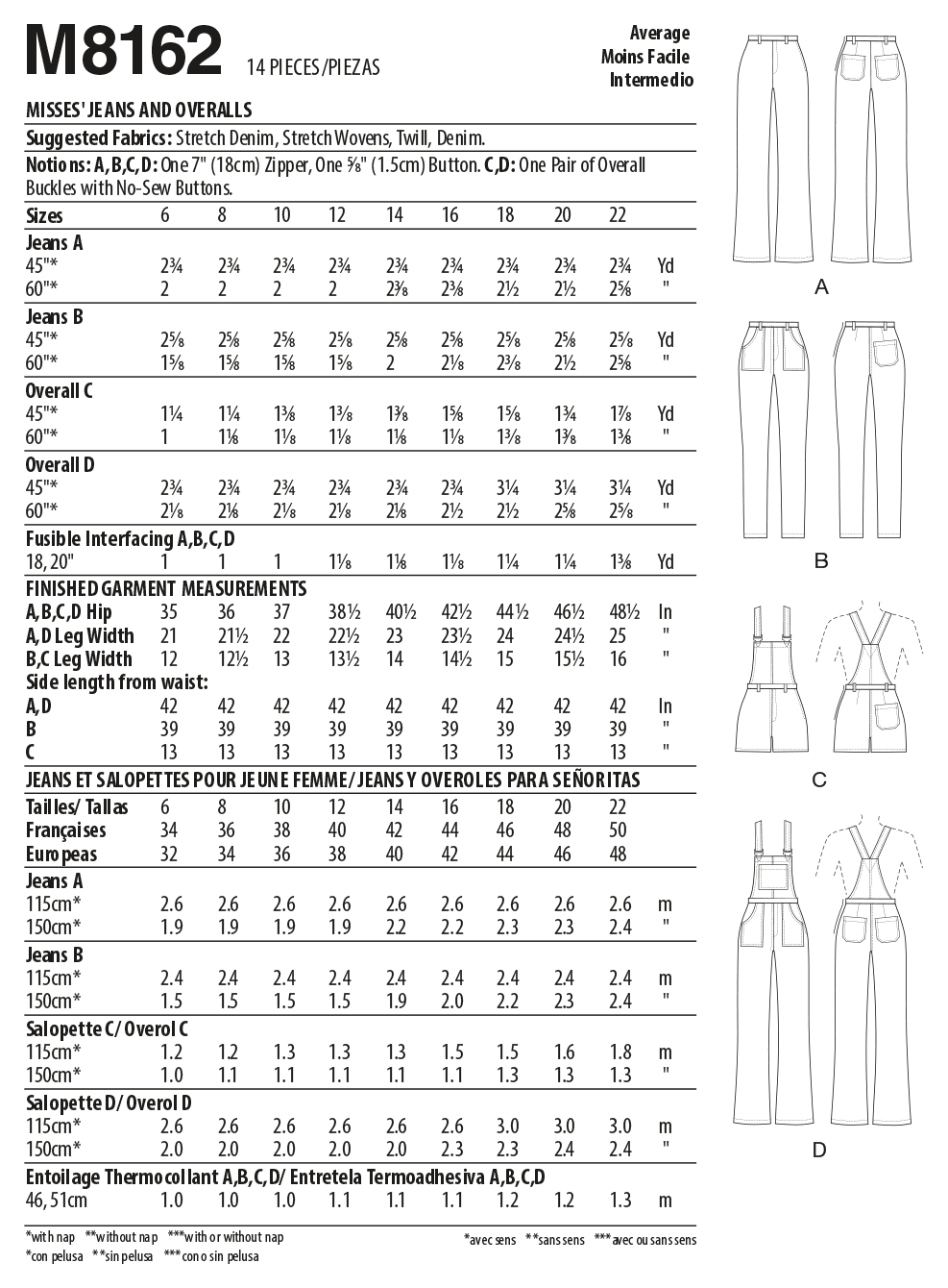 McCall’s Misses Flared Jeans, Overalls, Skinny Jeans & Shortalls Sewing Pattern M8162