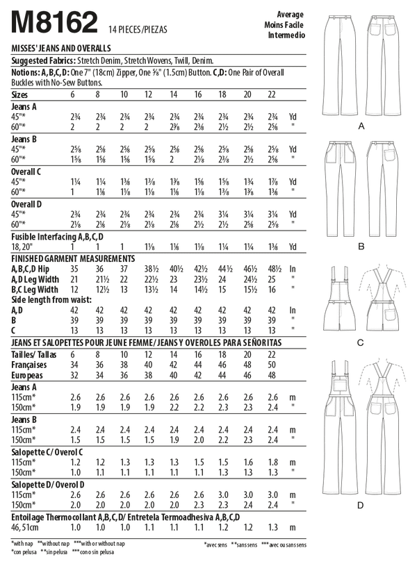 McCall’s Misses Flared Jeans, Overalls, Skinny Jeans & Shortalls Sewing Pattern M8162