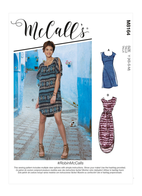McCall’s Misses Pullover Dresses With Sleeve Ties, Pocket Variations & Belt Sewing Pattern M8164