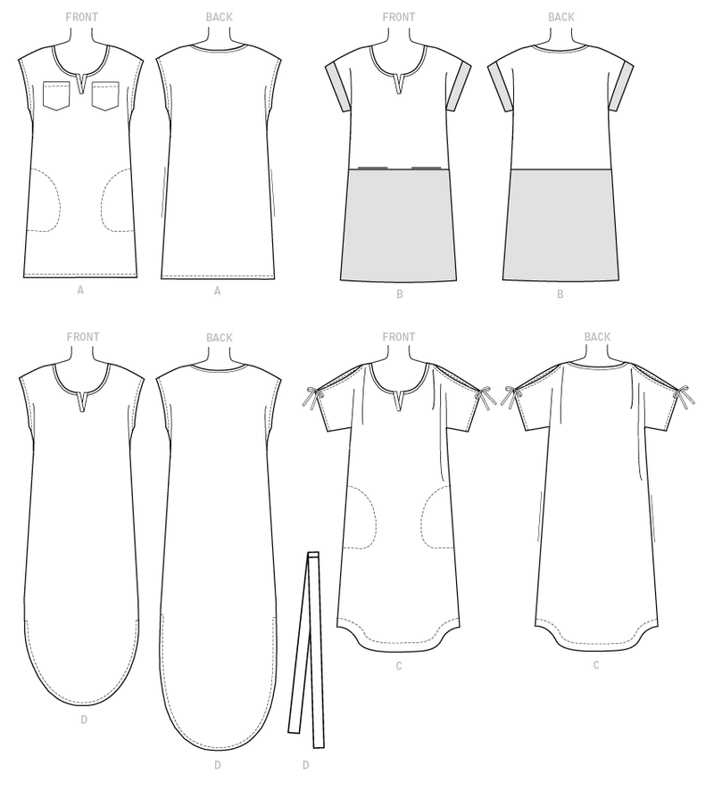 McCall’s Misses Pullover Dresses With Sleeve Ties, Pocket Variations & Belt Sewing Pattern M8164