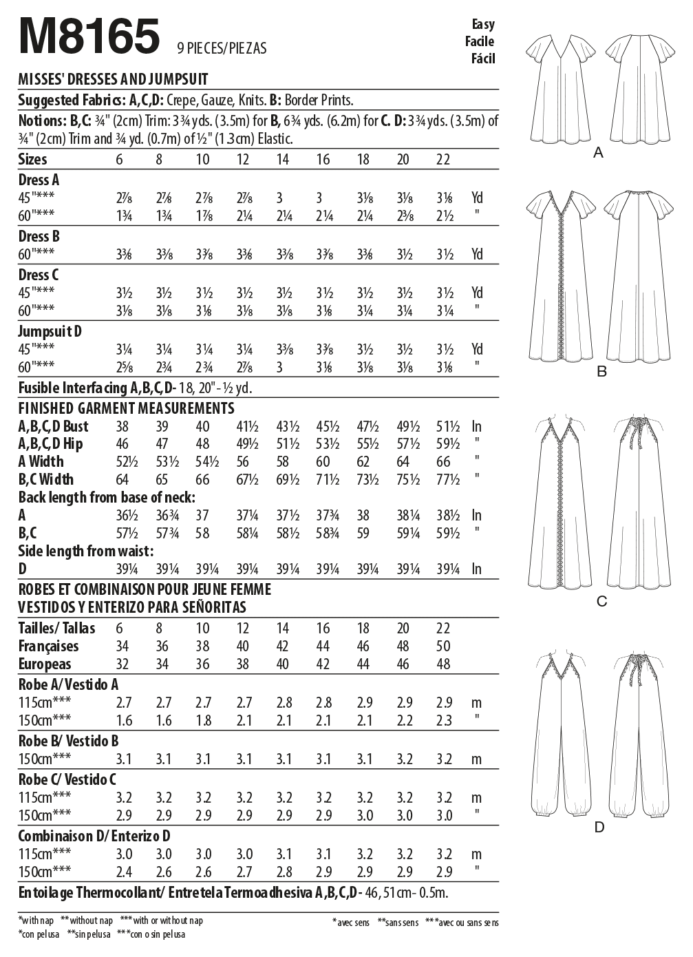 McCall’s Misses Very Loose-Fitting V-Neck Dresses & Jumpsuit Sewing Pattern M8165