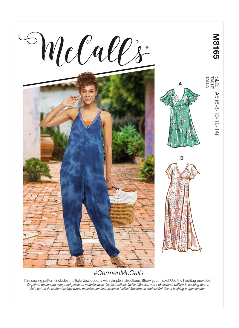 McCall’s Misses Very Loose-Fitting V-Neck Dresses & Jumpsuit Sewing Pattern M8165