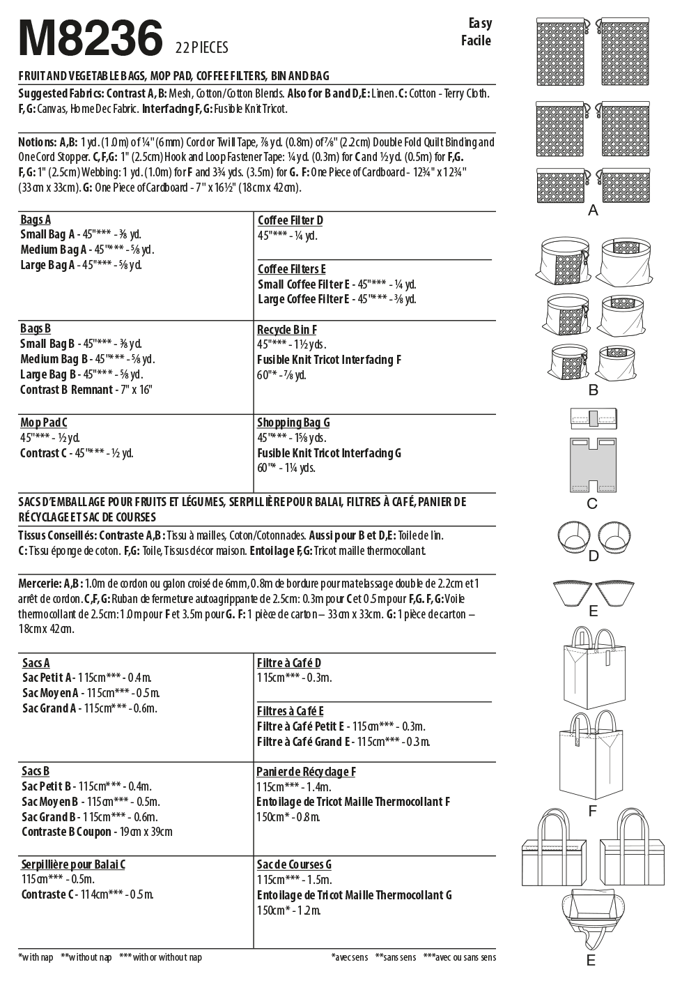 McCall’s Fruit And Vegetable Bags, Mop Pad, Coffee Filters, Bin And Bag Sewing Pattern M8236