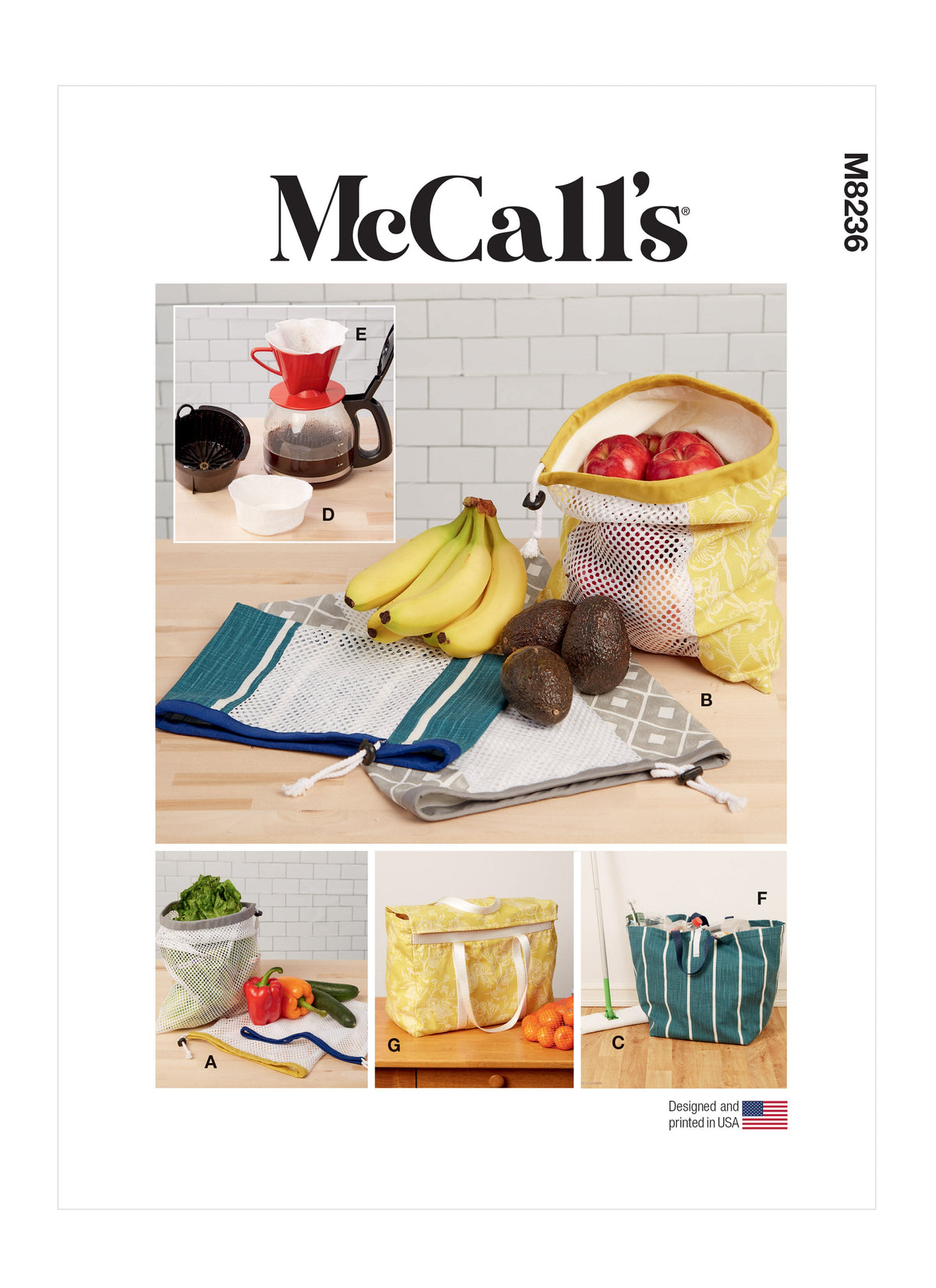 McCall’s Fruit And Vegetable Bags, Mop Pad, Coffee Filters, Bin And Bag Sewing Pattern M8236