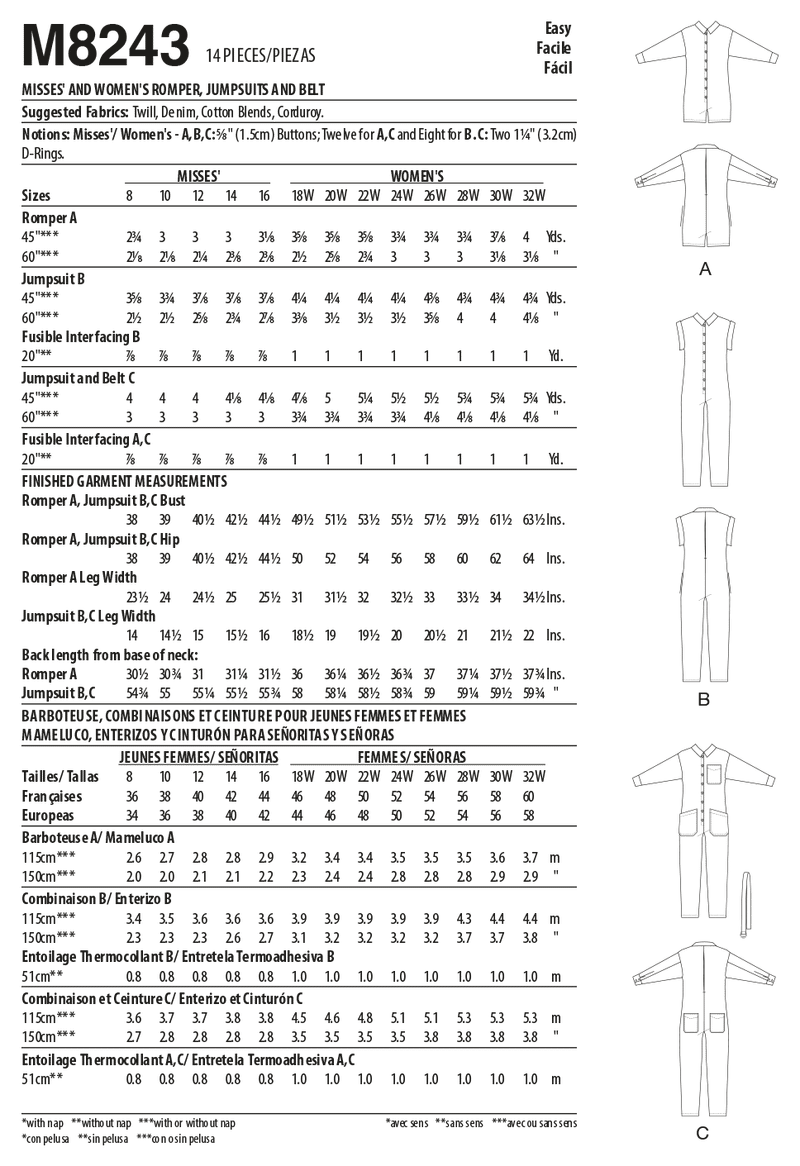 McCall’s Misses And Women's Romper, Jumpsuits And Belt Sewing Pattern M8243