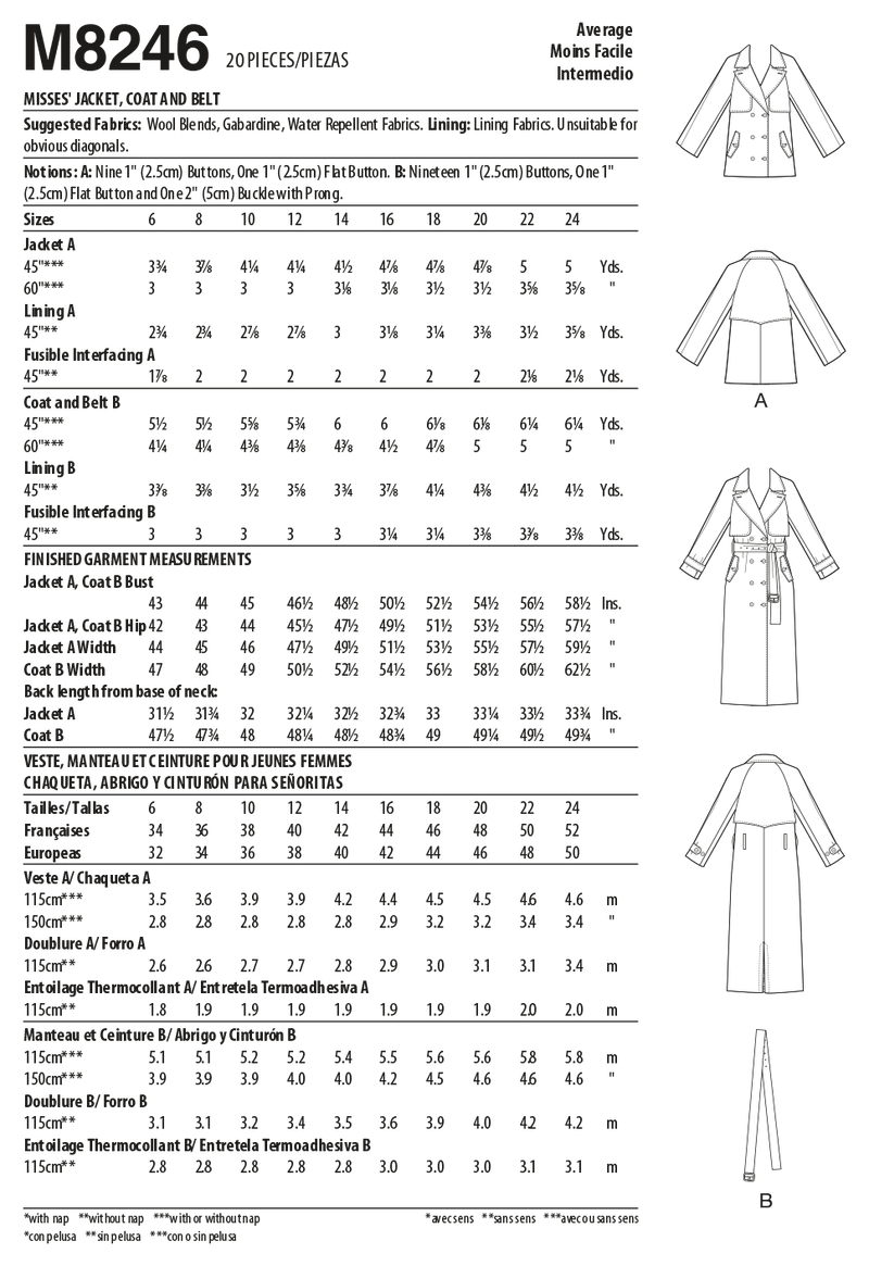 McCall’s Misses Jacket, Coat And Belt Sewing Pattern M8246