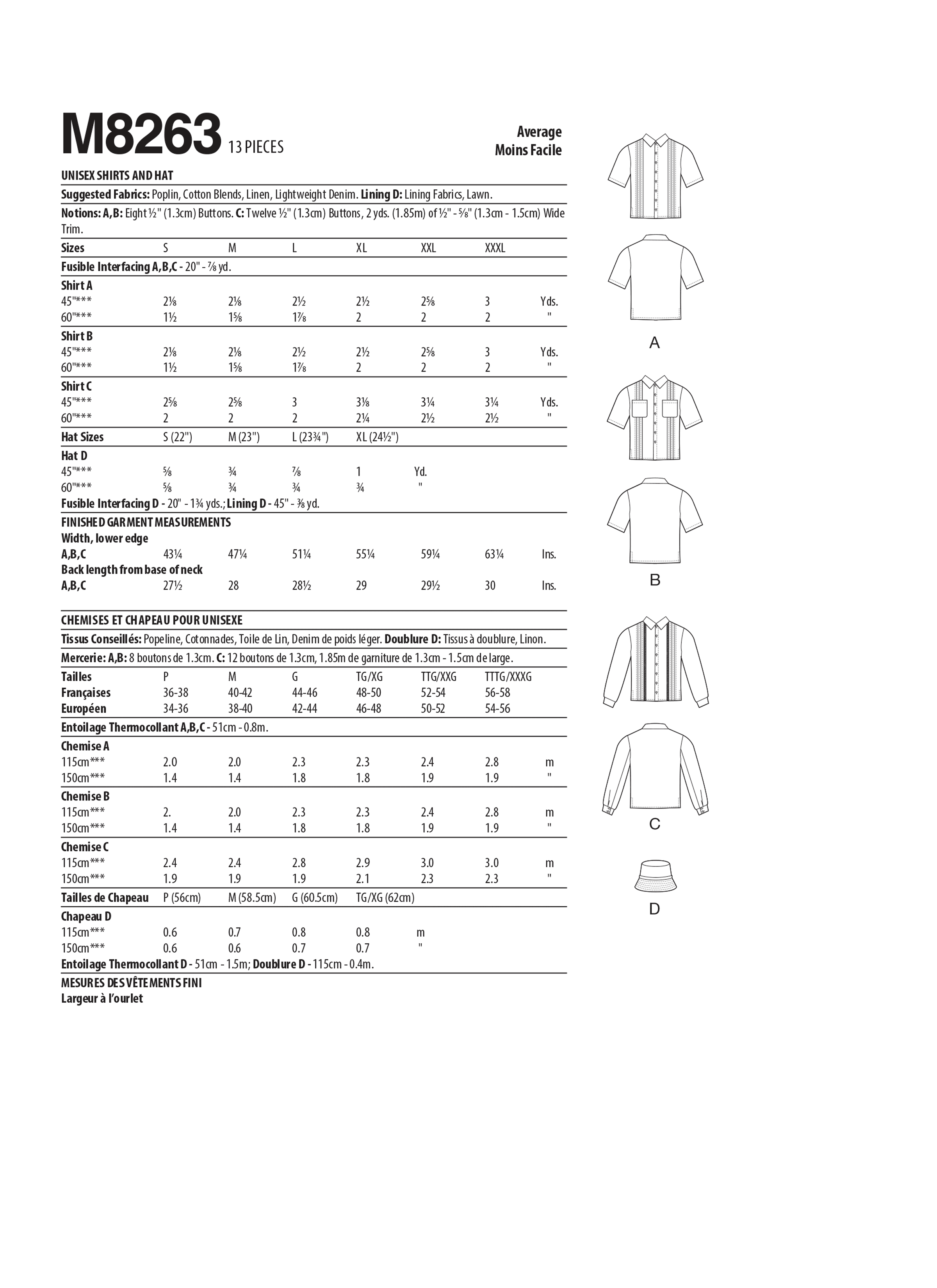 McCall’s Unisex Shirts & Hat Sewing Pattern M8263