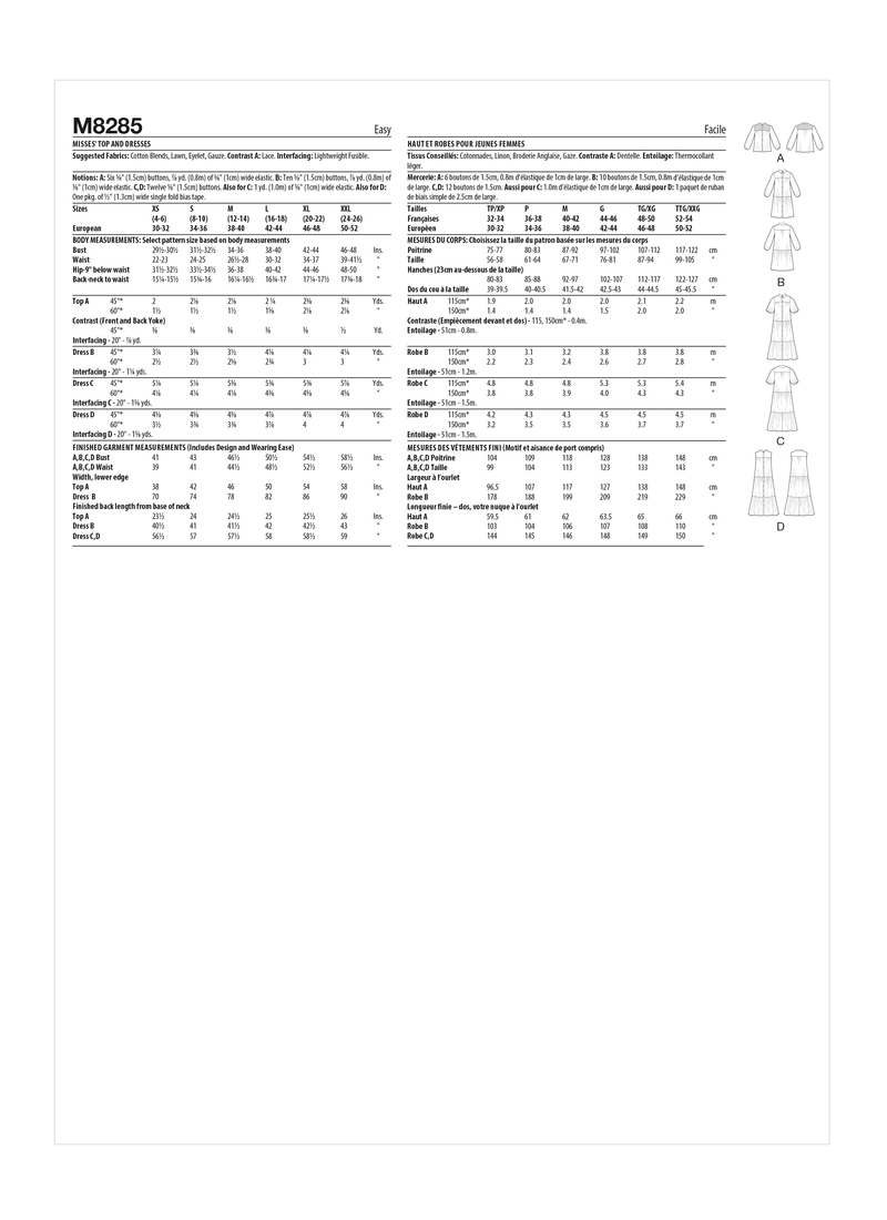 McCall’s Misses Top And Dresses Sewing Pattern M8285