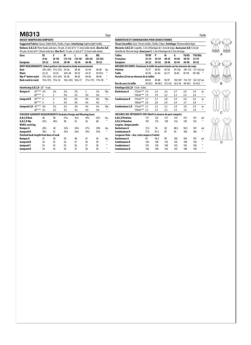 McCall’s Misses Romper And Jumpsuits Sewing Pattern M8313