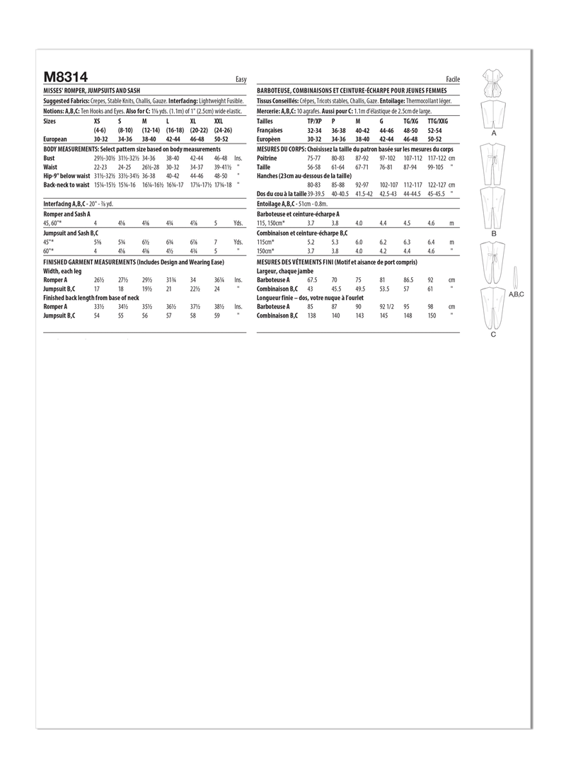 McCall’s Misses Romper, Jumpsuits And Sash Sewing Pattern M8314