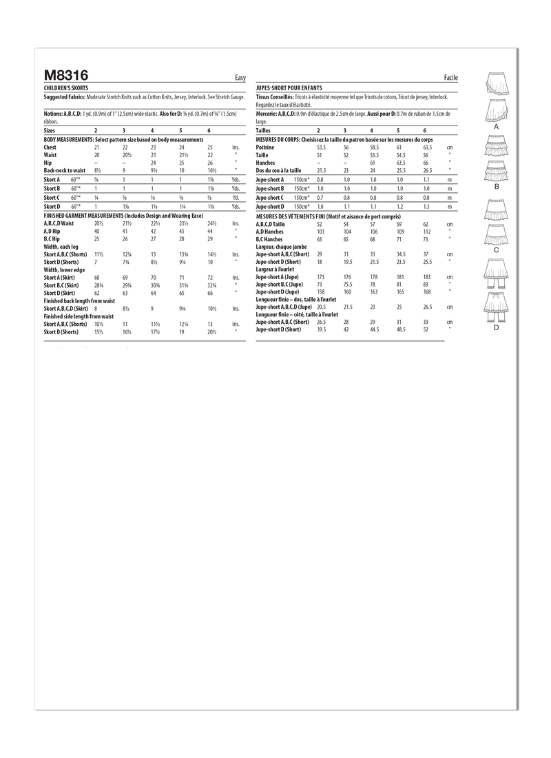 McCall’s Children's Skorts Sewing Pattern M8316