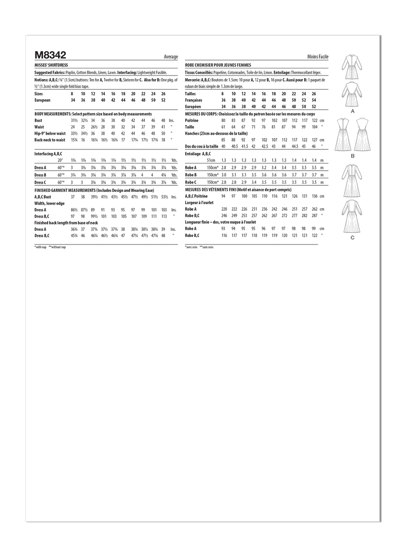 McCall’s Misses Shirtdress Sewing Pattern M8342