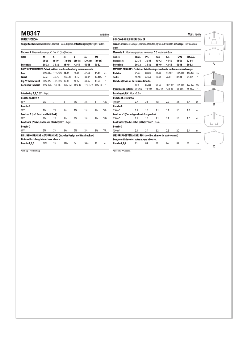 McCall’s Misses Poncho Sewing Pattern M8347