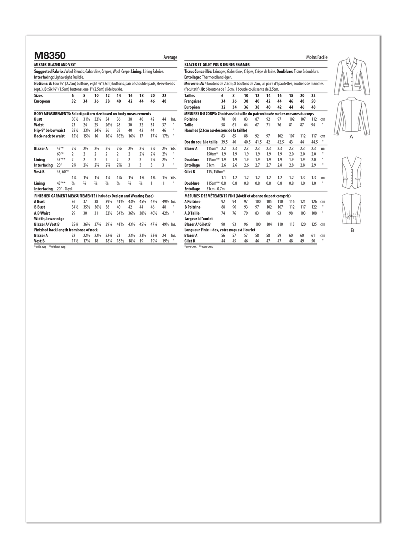 McCall’s Misses Blazer And Vest By Melissa Watson Sewing Pattern M8350