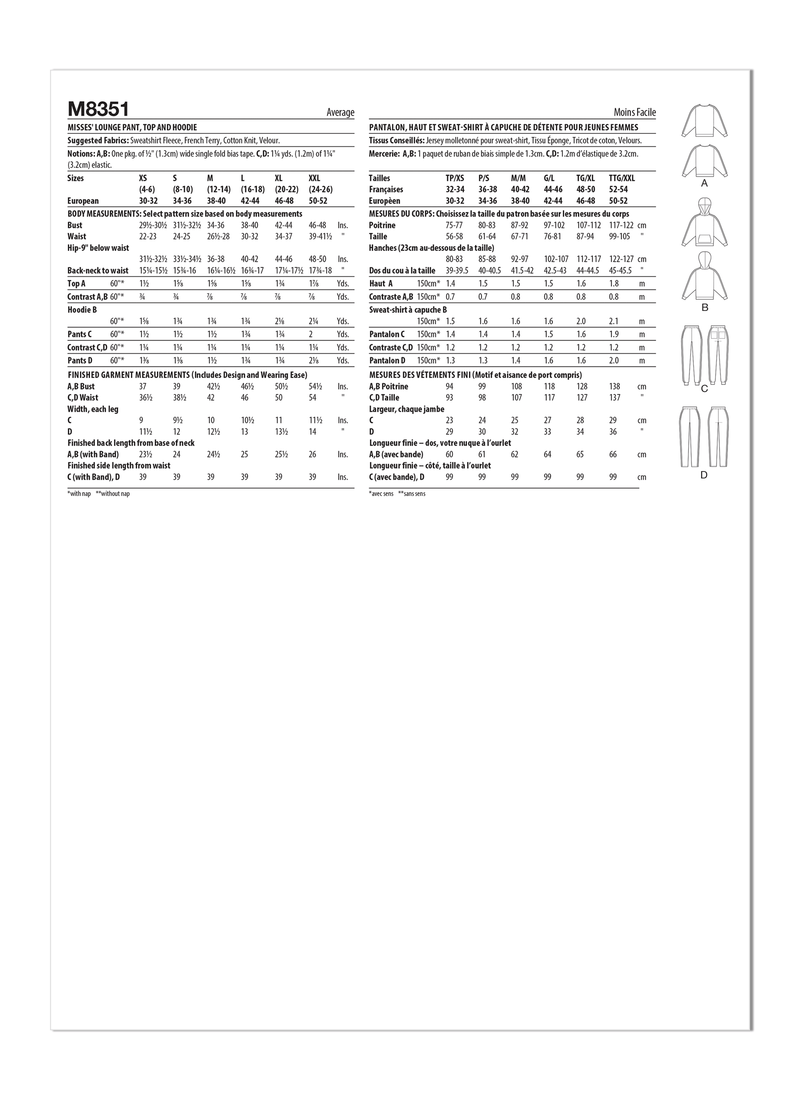 McCall’s Misses Lounge Pants, Top And Hoodie Sewing Pattern M8351