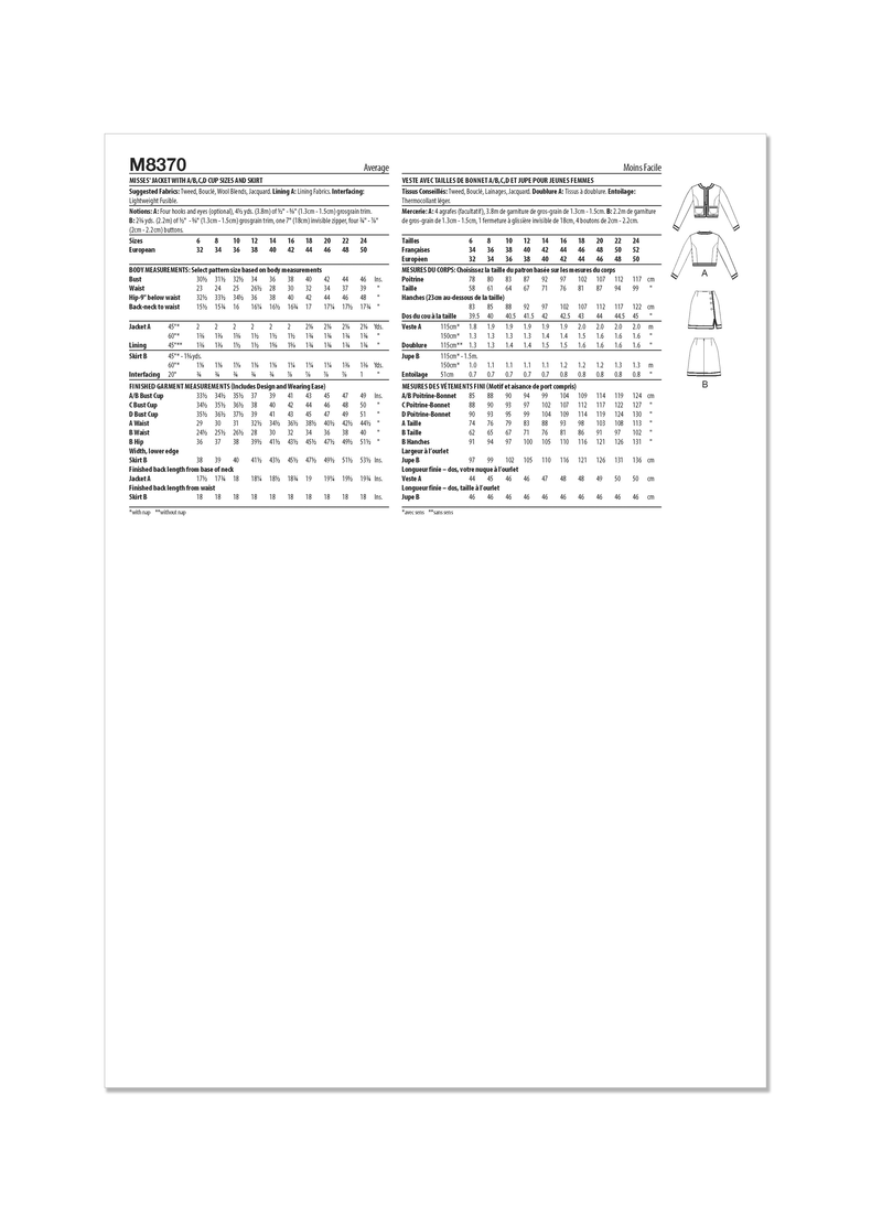McCall’s Misses Jacket And Skirt Sewing Pattern M8370