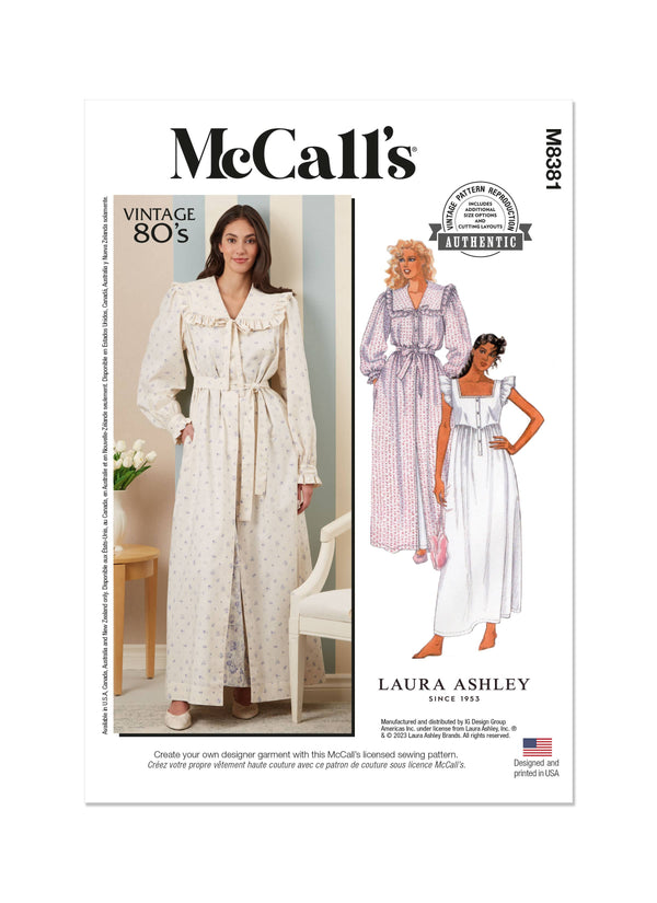 McCall’s Misses Robe, Tie Belt And Nightgown By Laura Ashley Sewing Pattern M8381