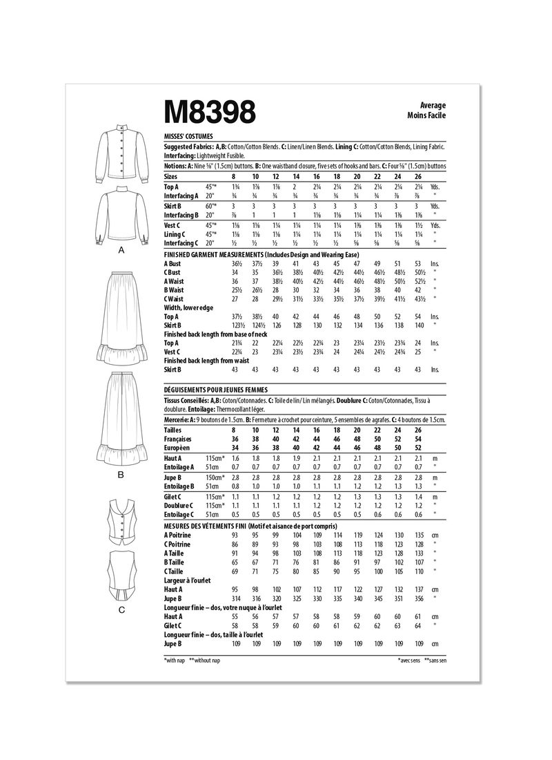 McCall’s Misses Costumes Sewing Pattern M8398