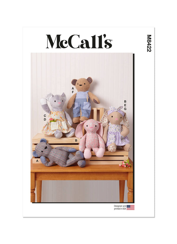 McCall’s Plush Bear, Bunny And Mouse With Clothes And Headband Sewing Pattern M8422