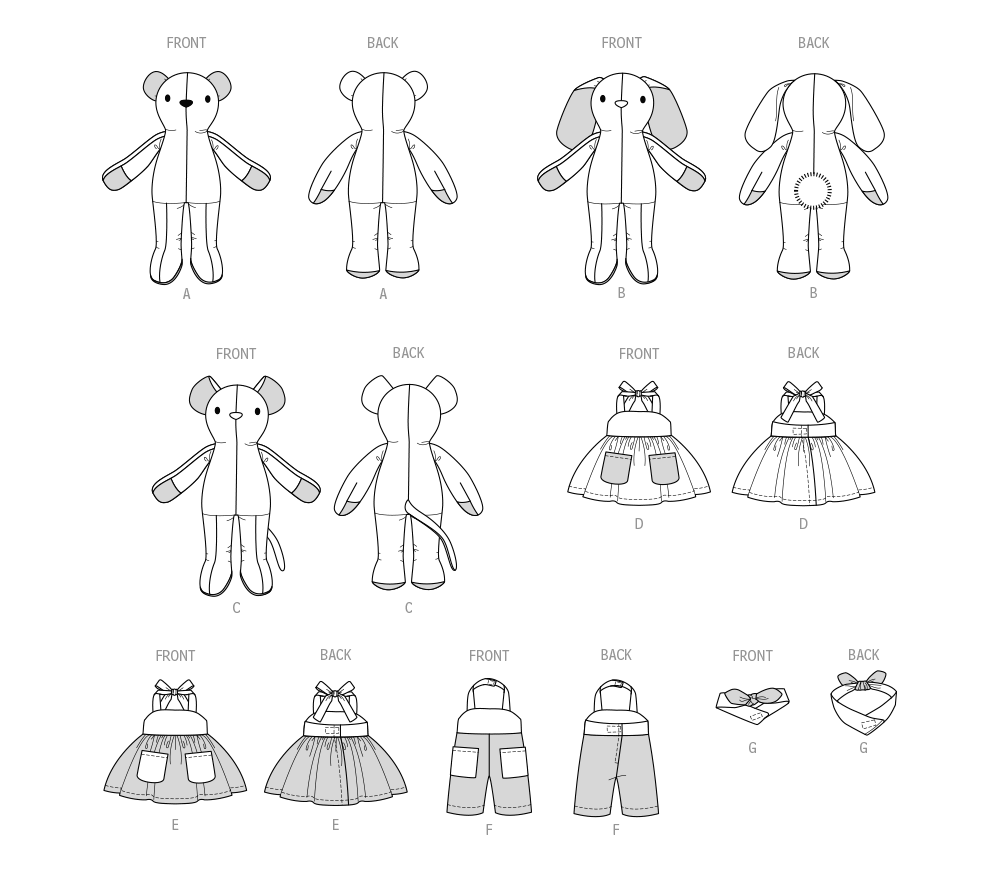 McCall’s Plush Bear, Bunny And Mouse With Clothes And Headband Sewing Pattern M8422