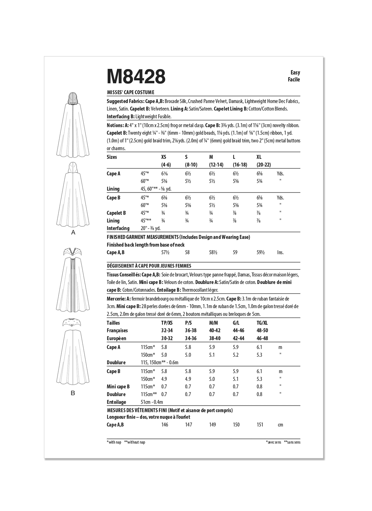 McCall’s Misses Cape Costume Sewing Pattern M8428