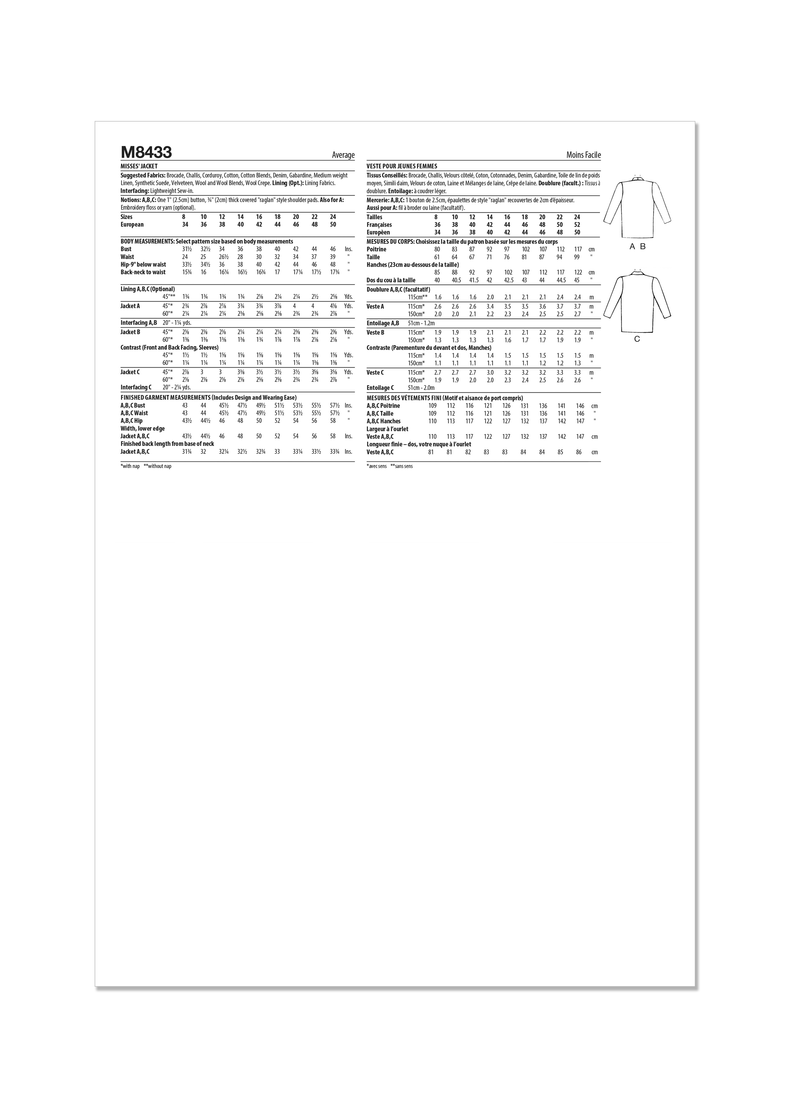 McCall’s Misses Jacket Sewing Pattern M8433