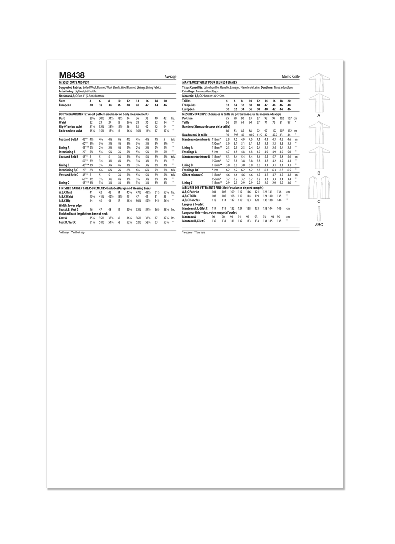 McCall’s Misses Coats And Vest Sewing Pattern M8438