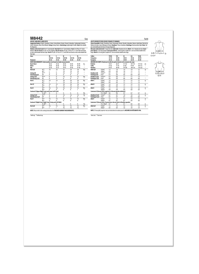 McCall’s Misses And Men's Lined Vests Sewing Pattern M8442