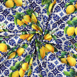 Margo Printed Cotton Viscose Dressmaking Fabric - Lemon & Blue Tile
