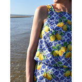Margo Printed Cotton Viscose Dressmaking Fabric - Lemon & Blue Tile