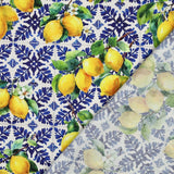 Margo Printed Cotton Viscose Dressmaking Fabric - Lemon & Blue Tile