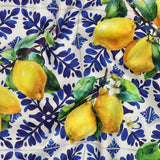 Margo Printed Cotton Viscose Dressmaking Fabric - Lemon & Blue Tile