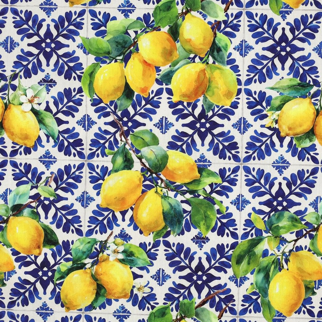 Margo Printed Cotton Viscose Dressmaking Fabric - Lemon & Blue Tile